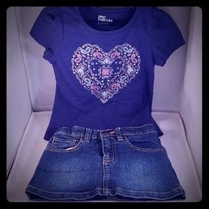 TODDLER JEAN SKIRT W/ UNDER SHORTS W/ BLUE T SHIRT